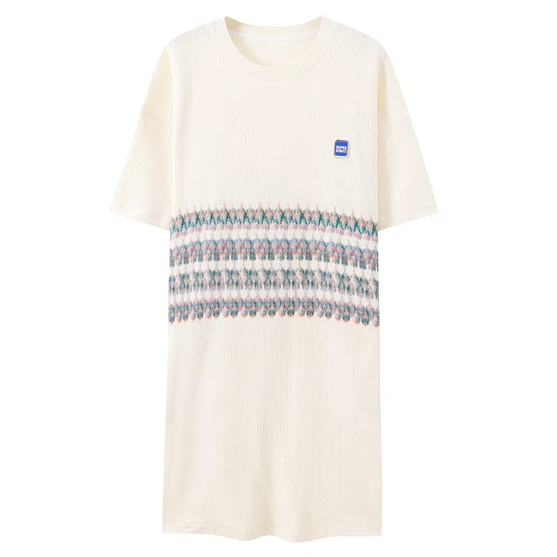 贴身领域 条纹印花圆领套头宽松休闲可外穿短袖 夏季睡裙 女款 米黄