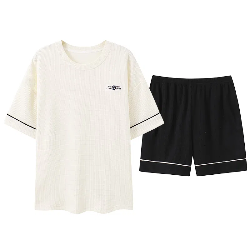 贴身领域 时尚字母圆领短袖带口袋可外穿薄款棉质休闲家居服三分裤睡衣套装 女款 图色