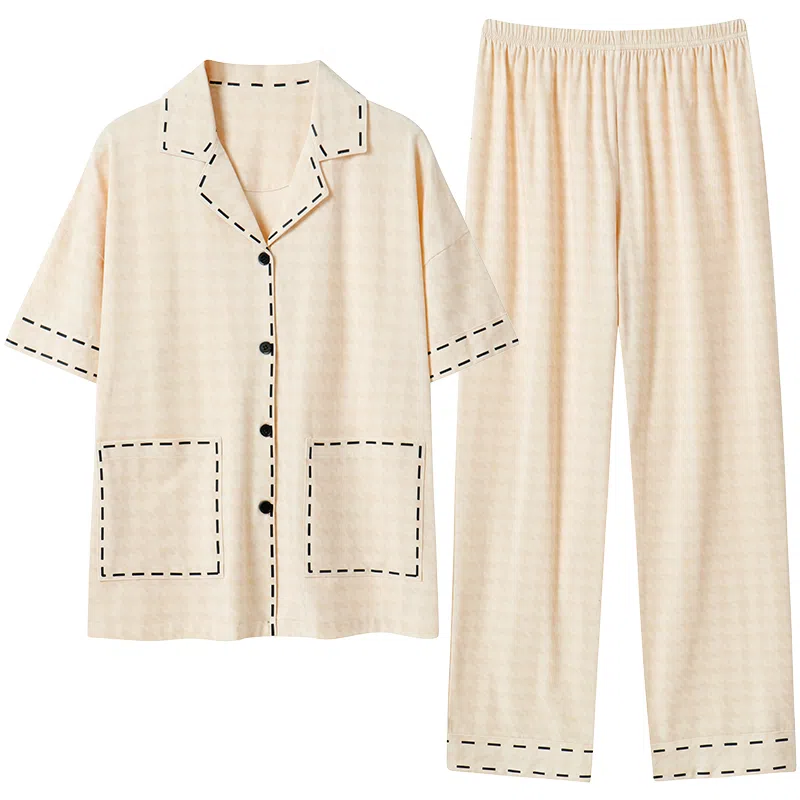 贴身领域 圆领短袖长裤可外穿薄款棉质休闲家居服睡衣套装 女款 图色