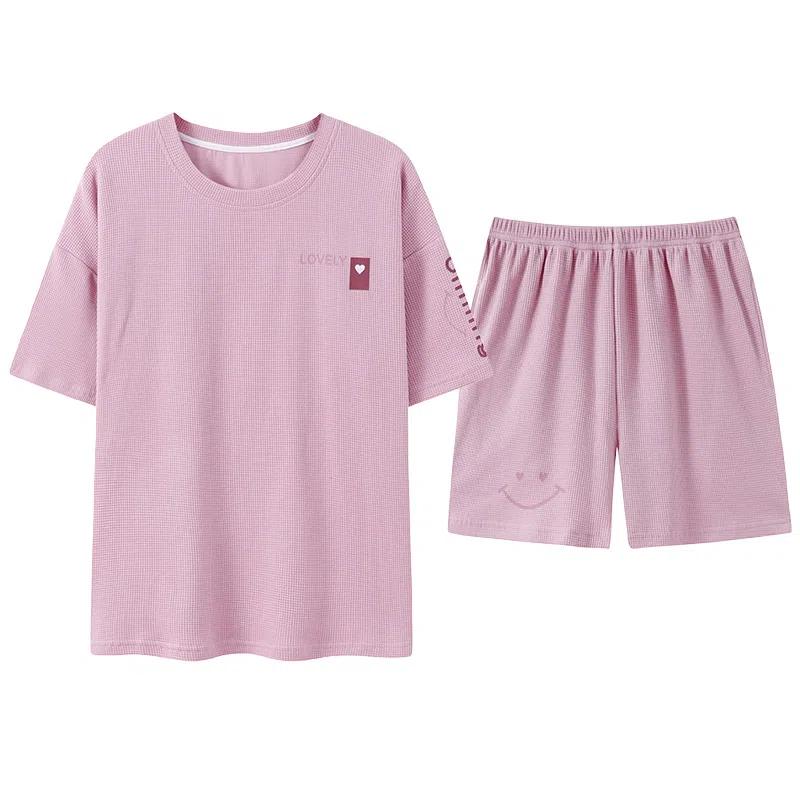 贴身领域 时尚字母爱心图案圆领短袖薄款休闲三分裤可外穿家居服睡衣套装 女款 粉色