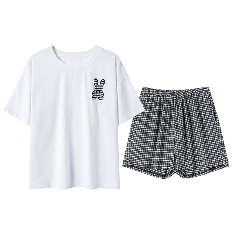 贴身领域 圆领简约舒适短袖上衣松紧腰三分裤睡衣套装 女款 白色