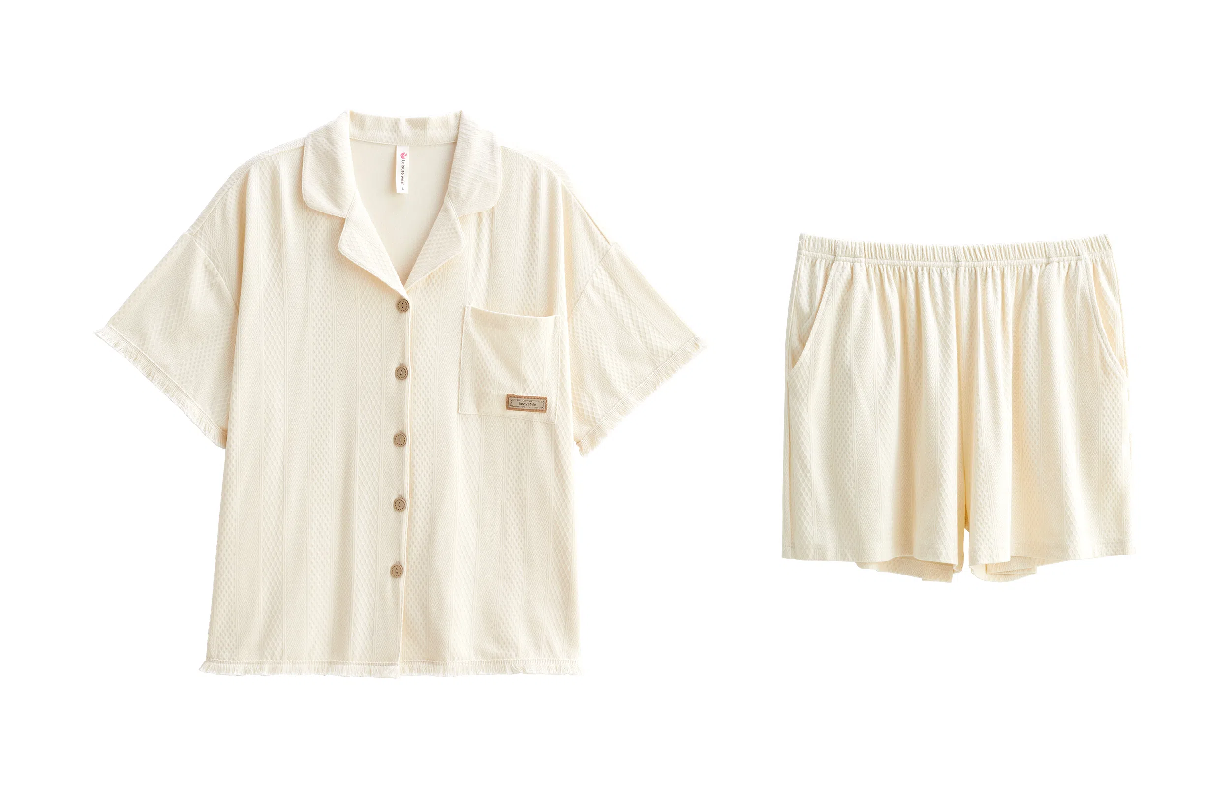 歌倩雅 薄款时尚简约高级感翻领开衫短袖上衣松紧腰五分裤睡衣套装 女款 米白色