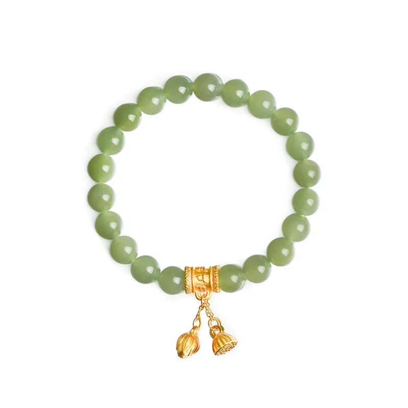 佐卡伊 六字真言两世欢黄金莲蓬 足金和田玉 手串 女款 青玉