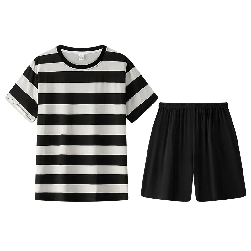 兰缪 简约亲肤舒适条纹圆领短袖凉感休闲家居可外穿纯色短裤睡衣套装 男款 黑色