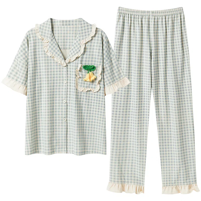 贴身领域 法式带口袋弹力休闲舒适短袖长裤可外穿家居服睡衣套装 女款 图色