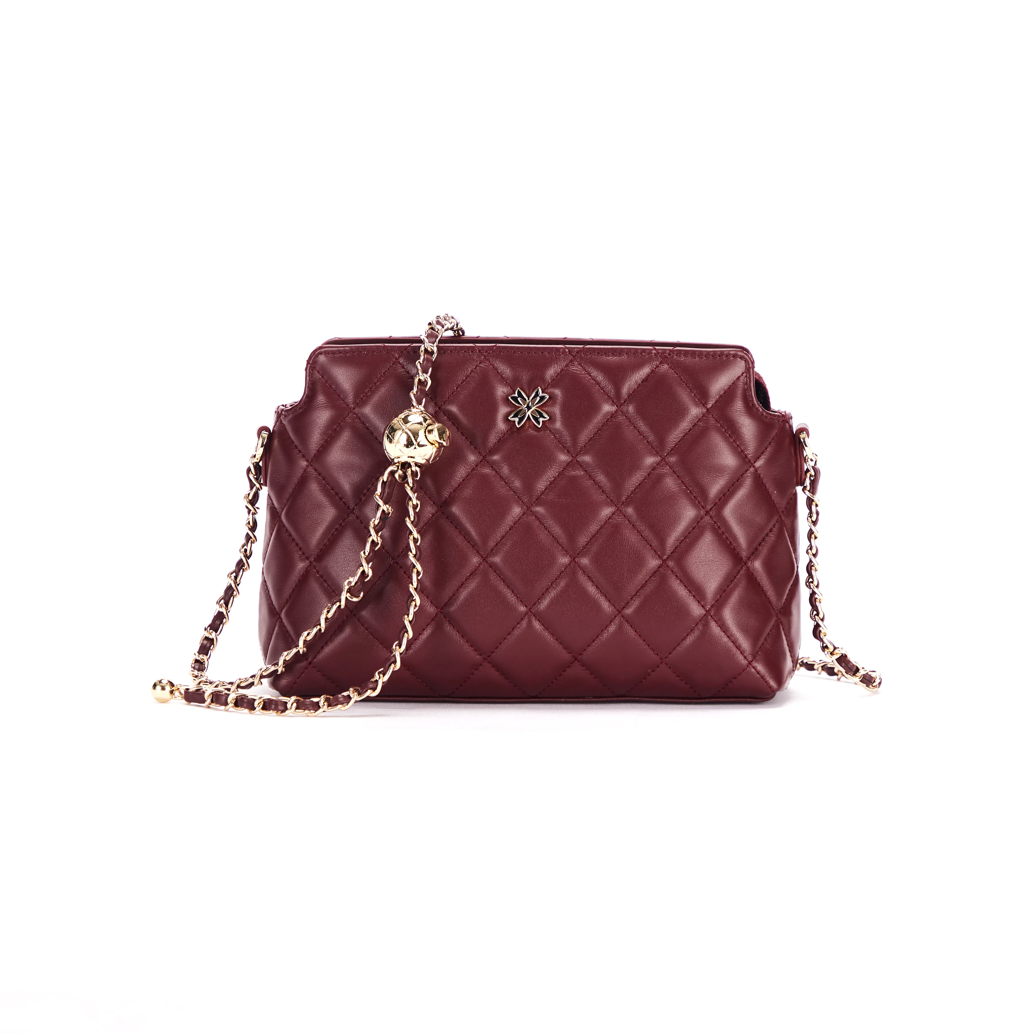 红蜻蜓 菱格链条包小香风真皮 头层牛皮革 斜挎包 小号 女款 黑色/白色/酒红