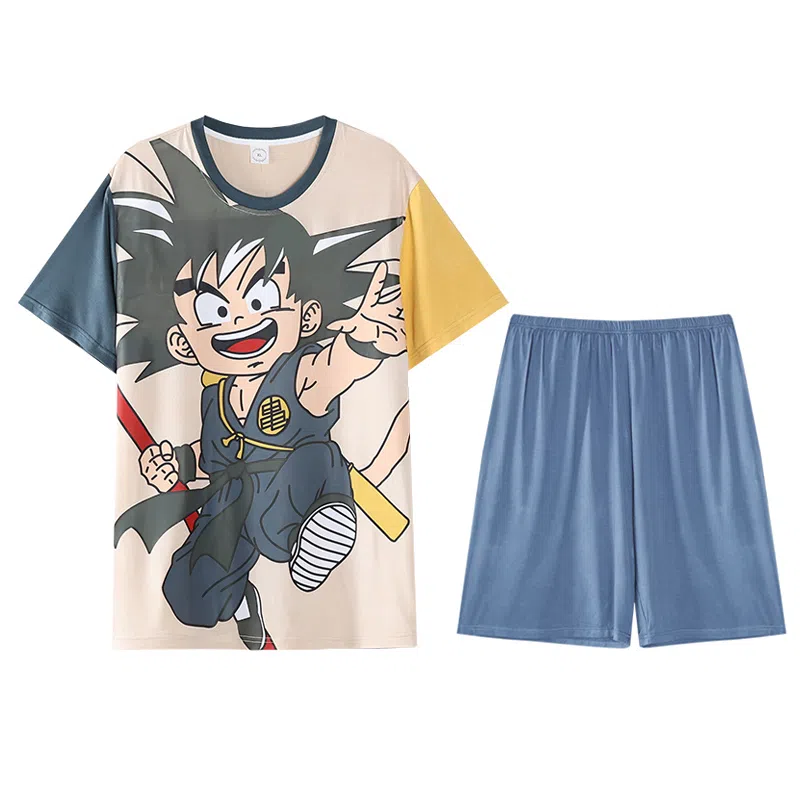 兰缪 卡通印花圆领套头短袖松紧短裤睡衣套装 男款 杏色