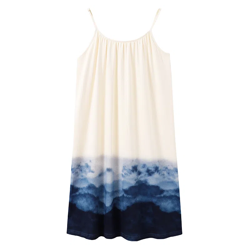 贴身领域 渐变水墨印花纯棉圆领套头休闲可外穿家居服吊带睡裙 女款 杏色