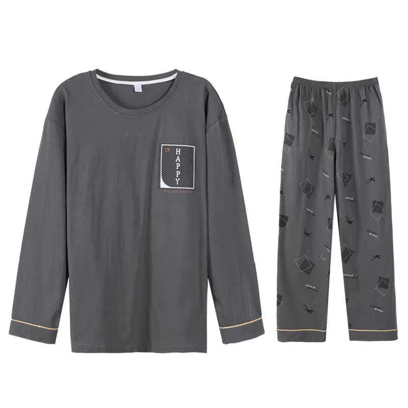 兰缪 纯棉圆领套头长袖长裤睡衣套装 男款 深灰