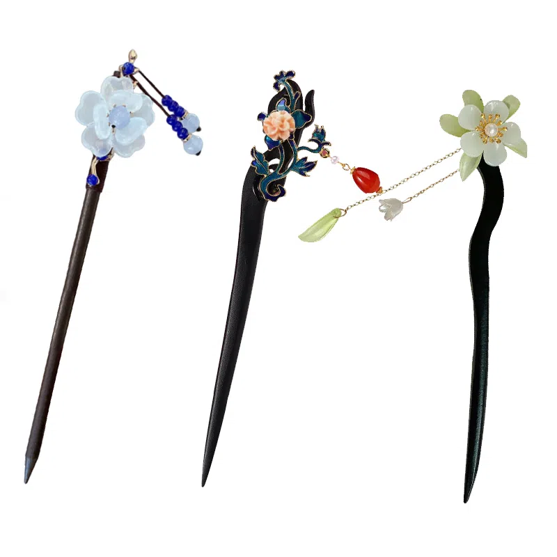 妖娆猫 新中式景泰蓝流苏步摇国潮木 古风盘发头饰配饰国风经典发钗簪子高级感创意 发簪 女款