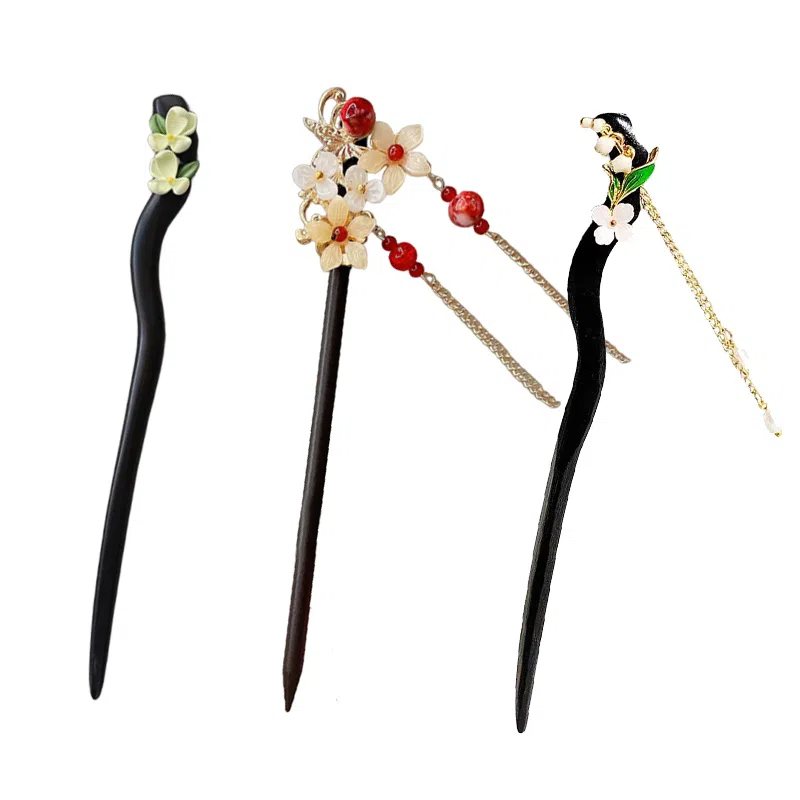 妖娆猫 新中式木质古风发簪女三件套高级感盘发步摇流苏发钗旗袍汉服头饰国风木簪子 发饰 女款