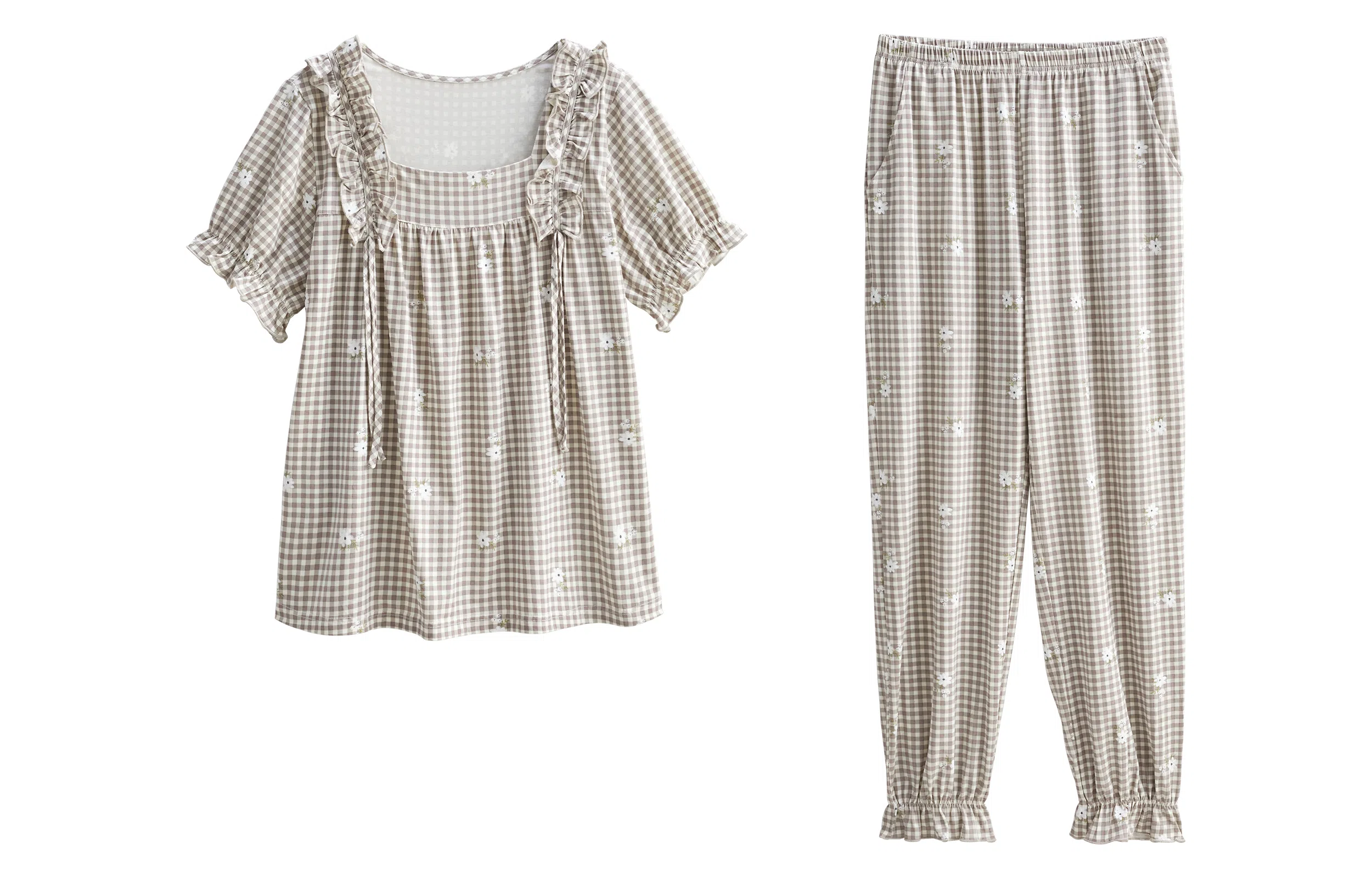 歌倩雅 格子方领花边短袖舒适透气长裤睡衣套装 女款 咖色