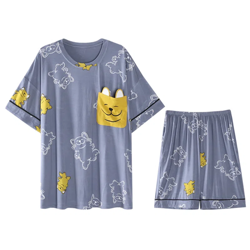 兰缪 袖亲肤短袖简约透气短裤睡衣套装 男款 蓝色