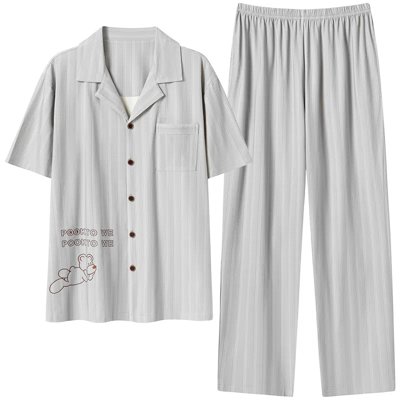 贴身领域 卡通熊印花短袖条纹长裤带口袋薄款休闲可外穿家居服睡衣套装 男款 灰色