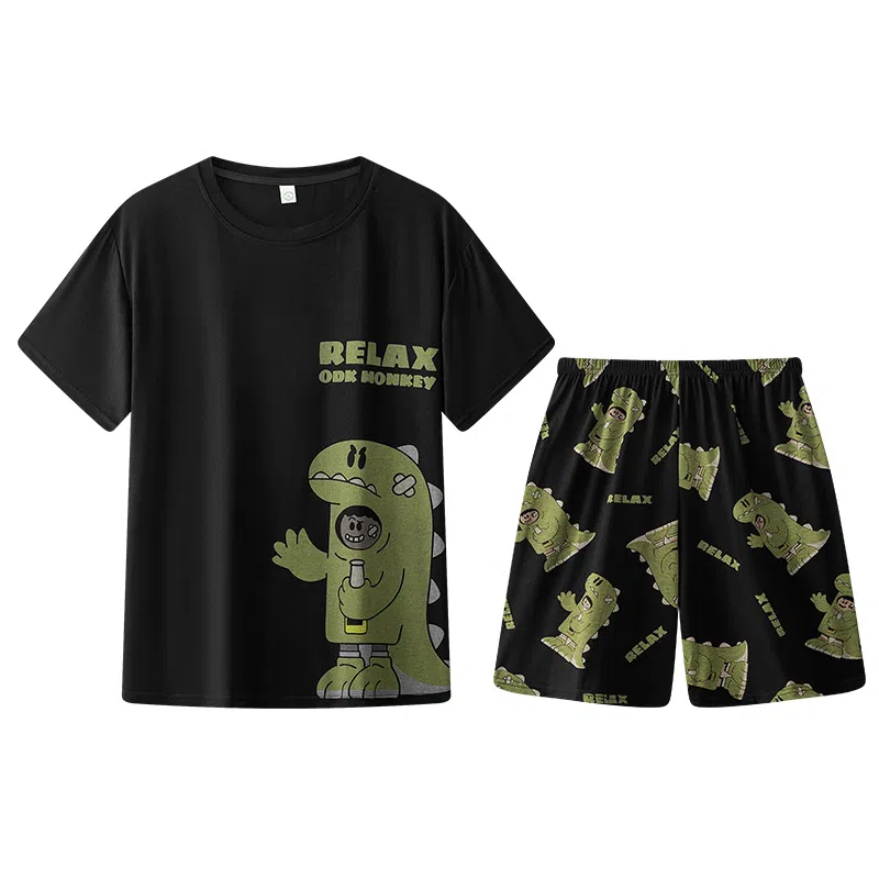兰缪 卡通恐龙印花圆领套头短袖松紧短裤睡衣套装 男款 黑色