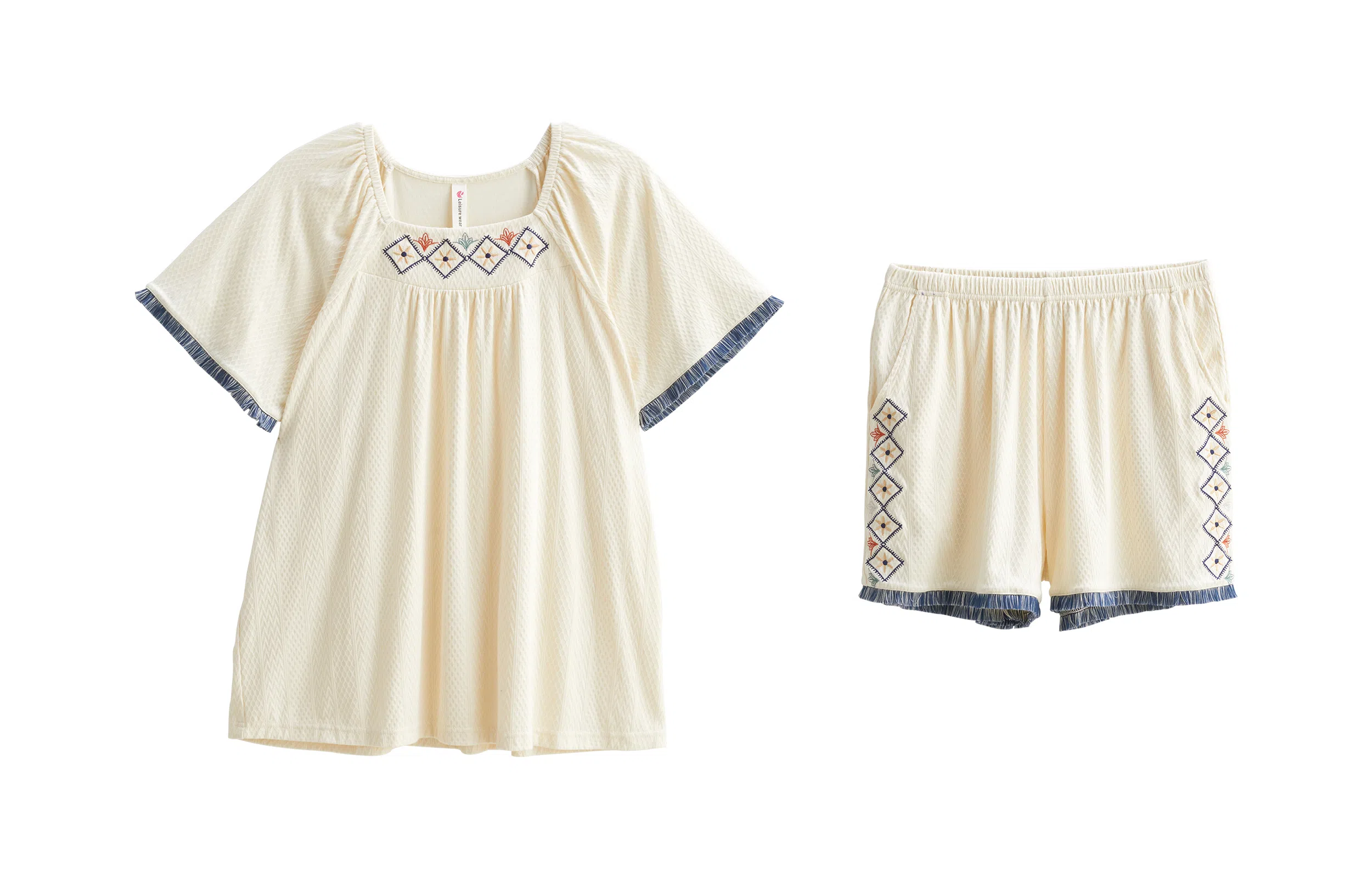 歌倩雅 凉感舒适短袖亲肤休闲三分裤睡衣套装 女款 米白色