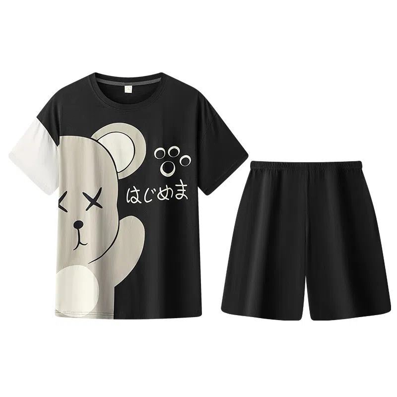 兰缪 卡通纯棉印花舒适圆领套头短袖松紧短裤可外穿睡衣套装 男款 图片色