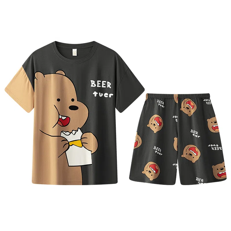 兰缪 纯棉卡通小熊印花舒适圆领套头短袖松紧短裤睡衣套装 男款 图片色