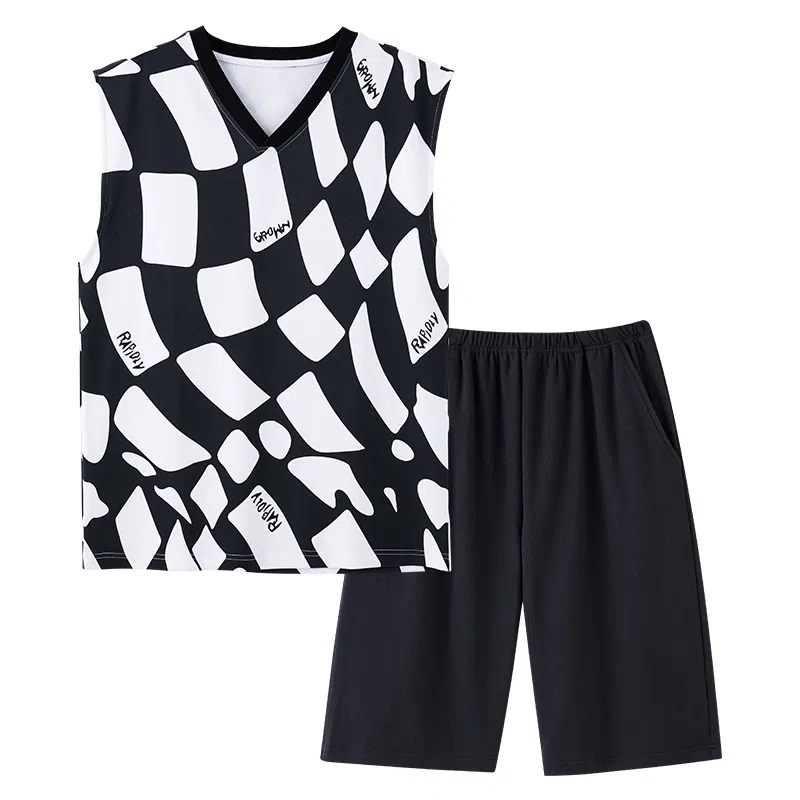 花季的故事 可外穿简约韩版格子松紧腰短裤睡衣套装 男款 黑白