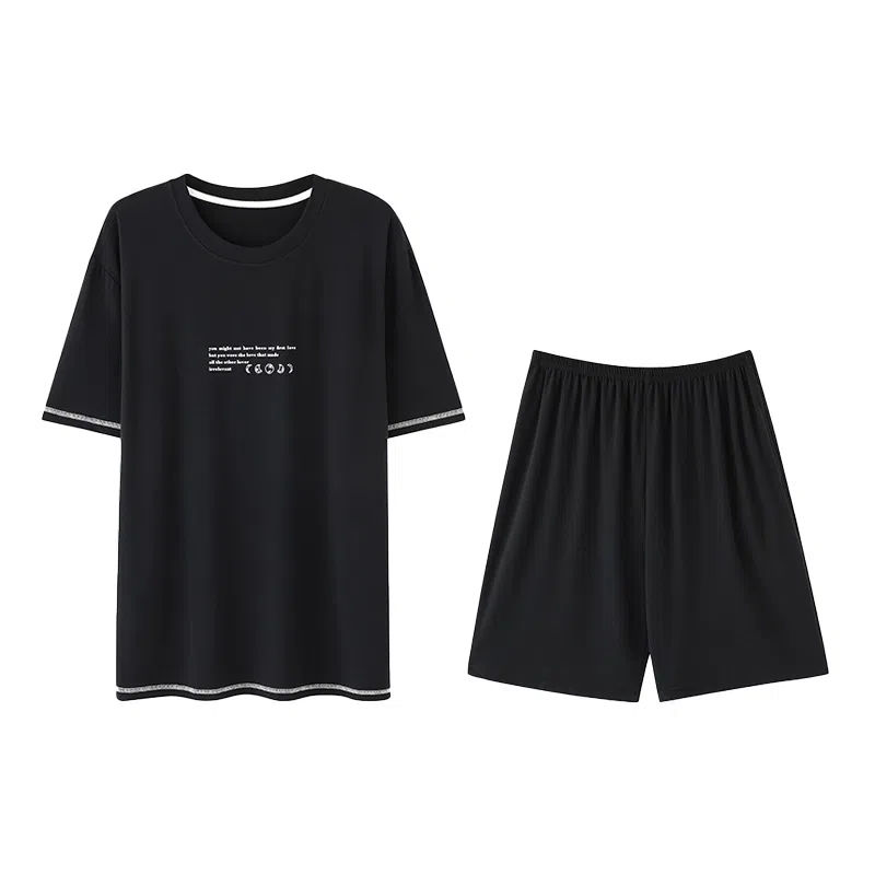 欧迪芬 凉感亲肤舒适透气短袖纯色字母简约休闲可外穿三分裤睡衣套装 男款 黑色