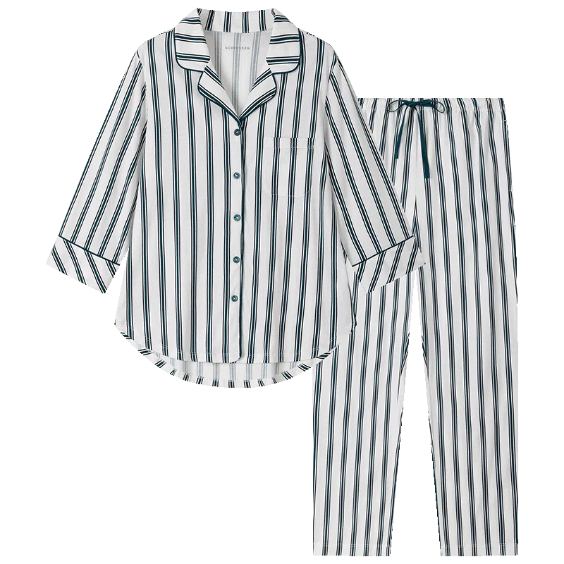 舒雅 纯棉亲肤条纹翻领睡衣套装 女款