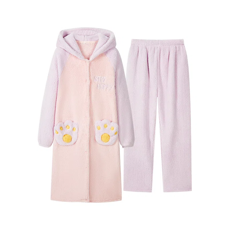 都市丽人 连帽简约纯色上衣松紧腰长裤睡衣套装 女款