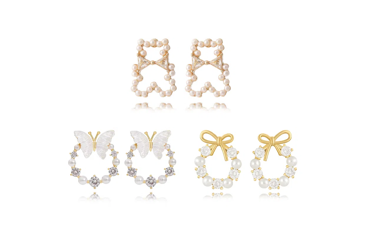 牧言 甜美可爱简约小众设计高级感 立体镂空圆环幻彩蝶梦蝴蝶结小熊耳饰套装 合金 蝴蝶圆圈耳环 女款