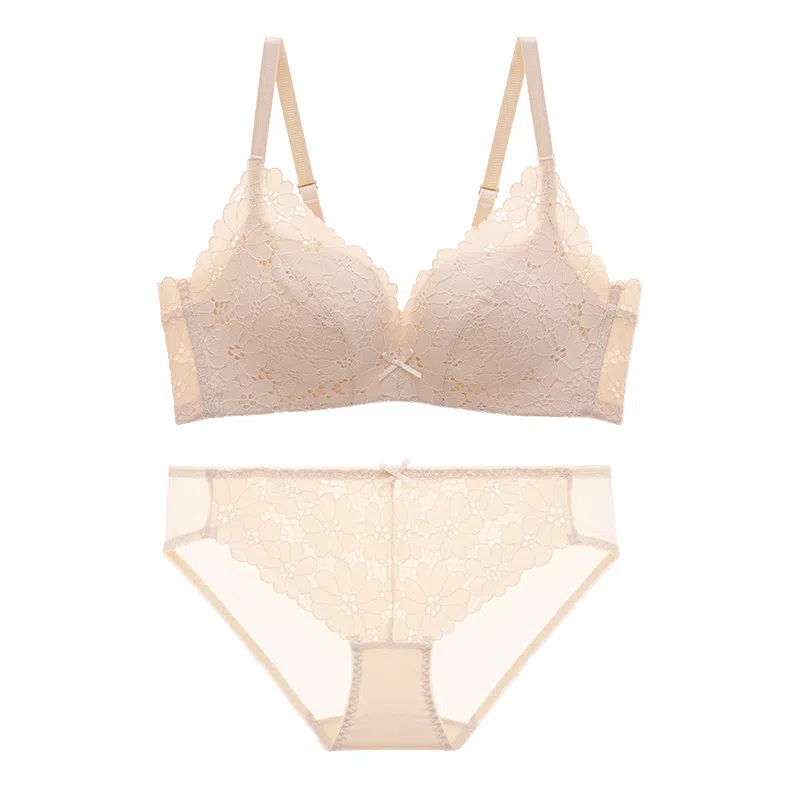 都市丽人 小花心蕾丝无钢圈小胸聚拢显大蜂巢透气杯文胸内衣裤套装 女款