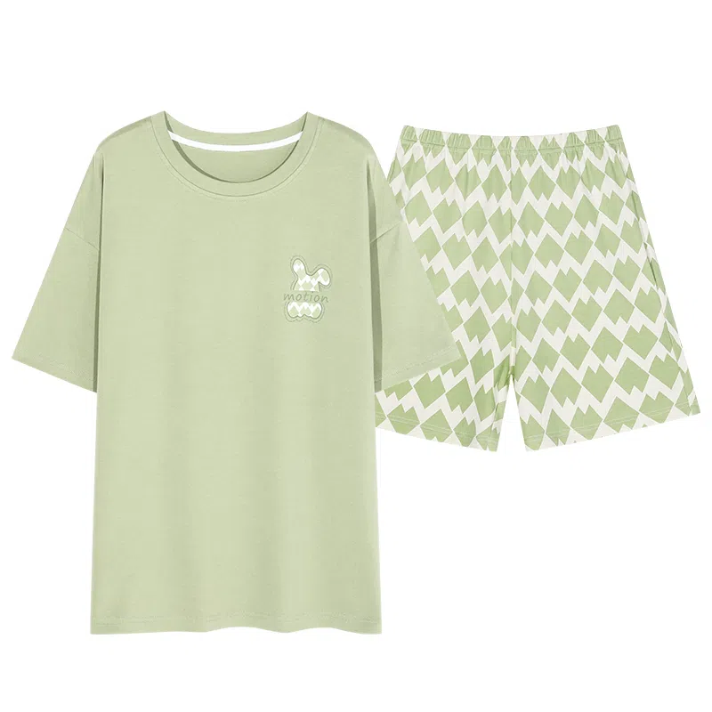 莫代尔 薄款卡通兔韩版时尚满印花千鸟格格仔裤甜美少女睡衣套装 女款 黄绿色