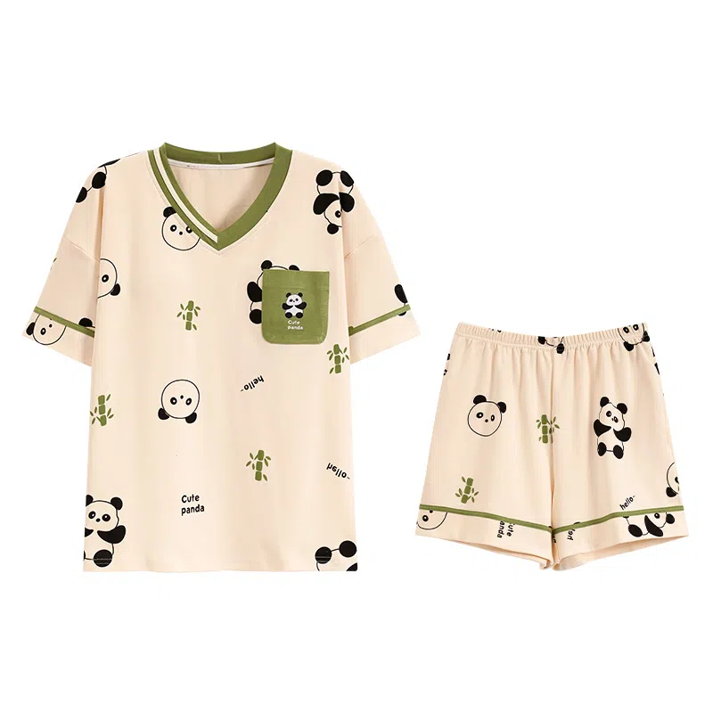 欧迪芬 亲肤柔软带胸垫短袖短裤透气舒适可爱小熊猫睡衣套装 女款 杏色