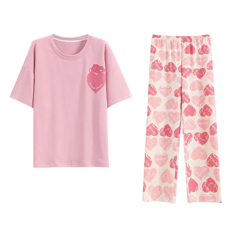 欧迪芬 纯棉亲肤柔软舒适短袖透气长裤睡衣套装 女款 粉色