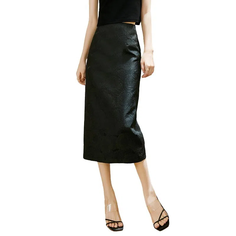 晚白 高腰提花纯色休闲长裙 女款 黑色