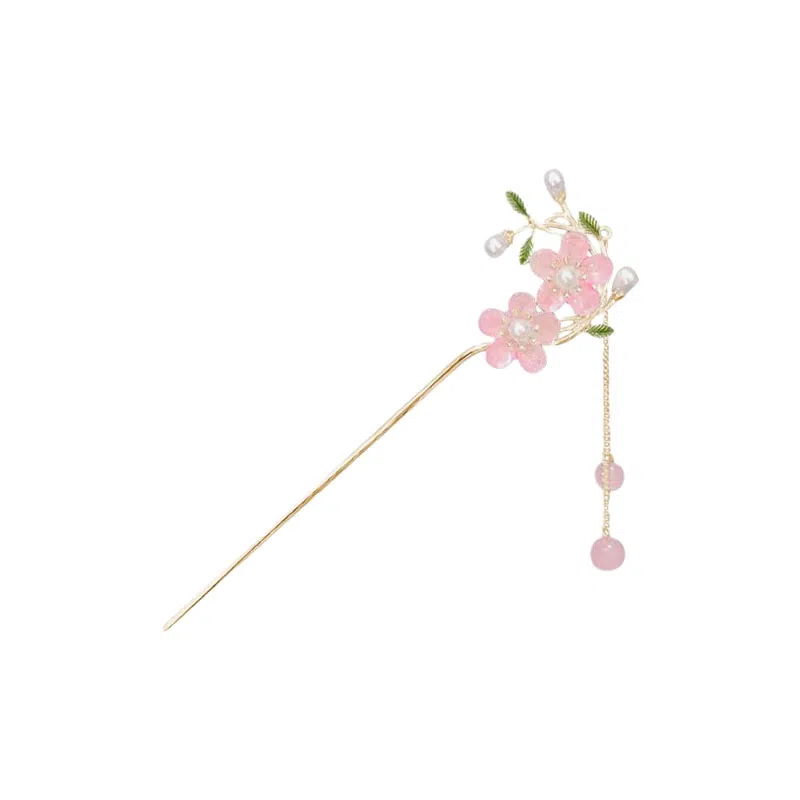 大唐国鼎 桃花朵朵 新中式桃花枝流苏发钗 高级感古风韵味盘发步摇 现代旗袍汉服气质 发簪 女款