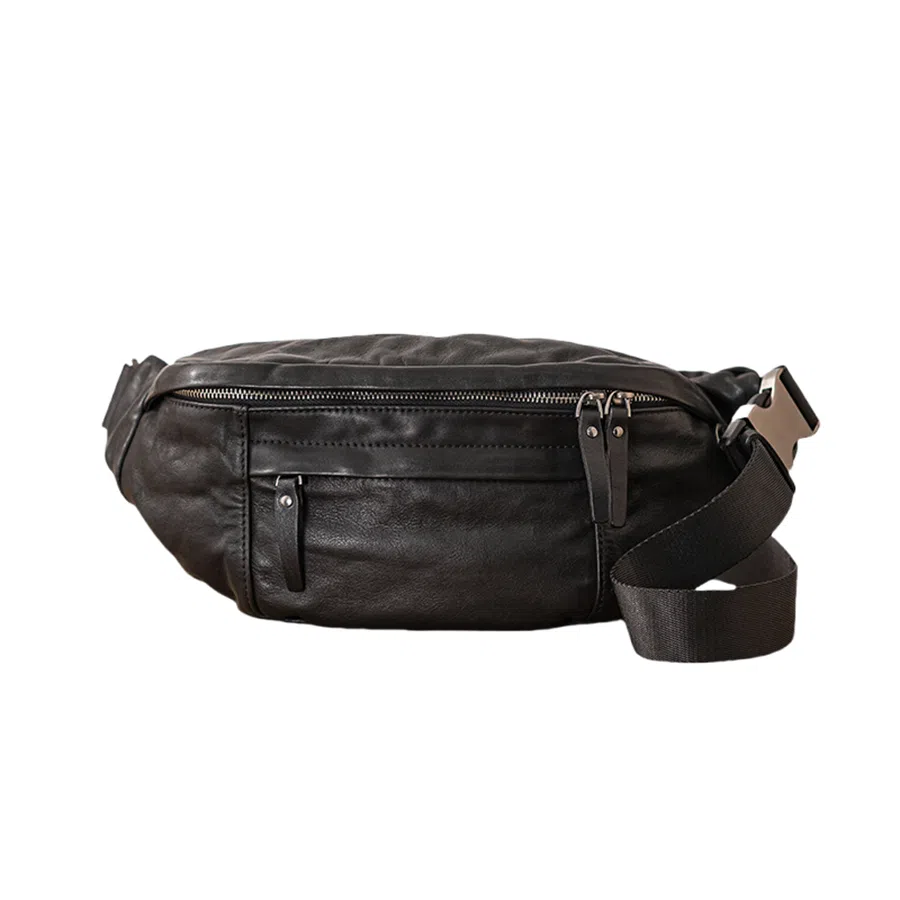 后步 小众设计感简约百搭休闲通勤运动个性日常轻便 真皮头层牛皮水洗皮软皮 斜挎包胸包 中号 男款 黑色