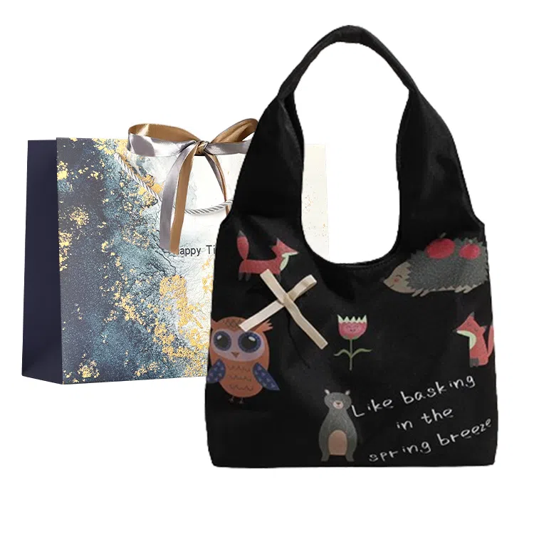 伊曼家 可爱涂鸦帆布包百搭大容量手提包包 尼龙 单肩包 女款 米白色/黑色