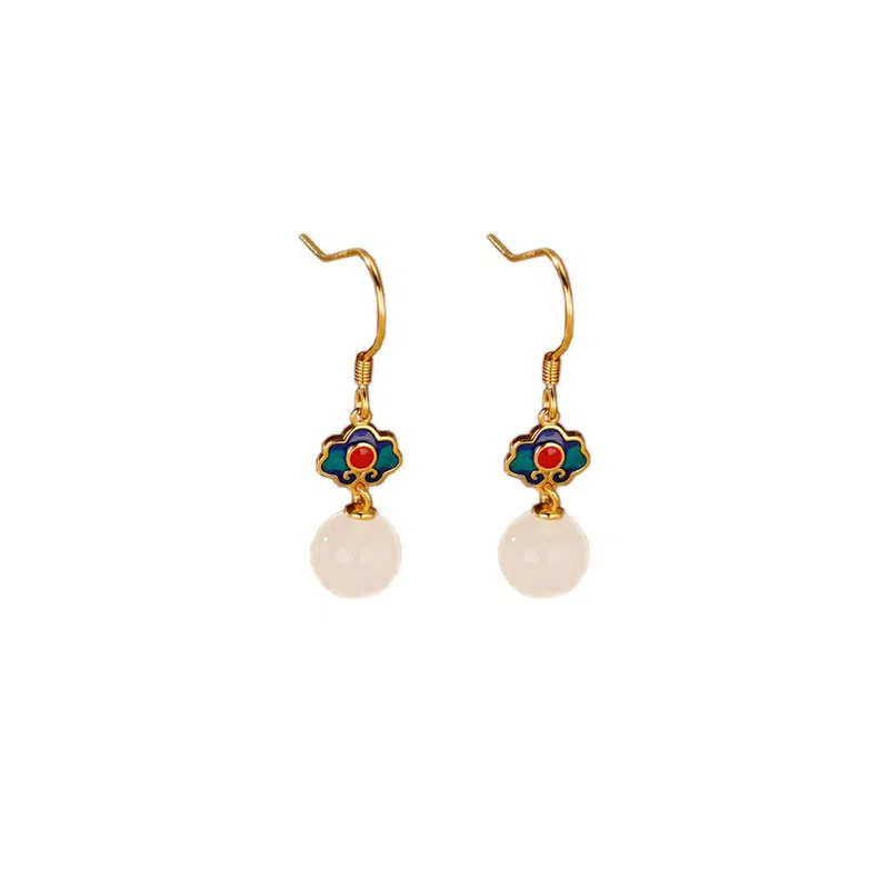 二三二三 小众古风白玉耳钩复古气质祥云锁高级感耳环耳饰品 和田玉 耳坠 女款