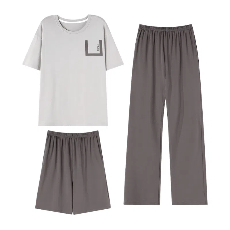 兰缪 舒适亲肤简约休闲凉感短袖五分裤长裤家居服睡衣套装 男款 棕色