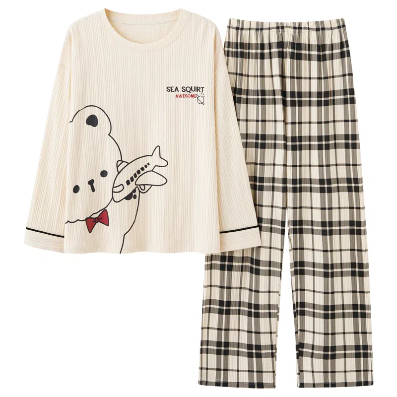 莫代尔 舒适柔软透气小熊印花亲肤长袖弹力裤腰不勒腹长裤可居家休闲外穿睡衣套装 女款 杏色