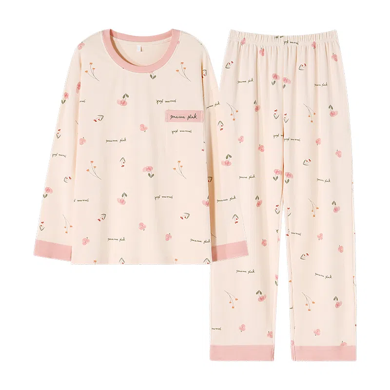 莫代尔 时尚印花清新满印舒适纯棉纯色亲肤套头松紧带长袖长裤居家休闲可外穿睡衣套装 女款 杏色