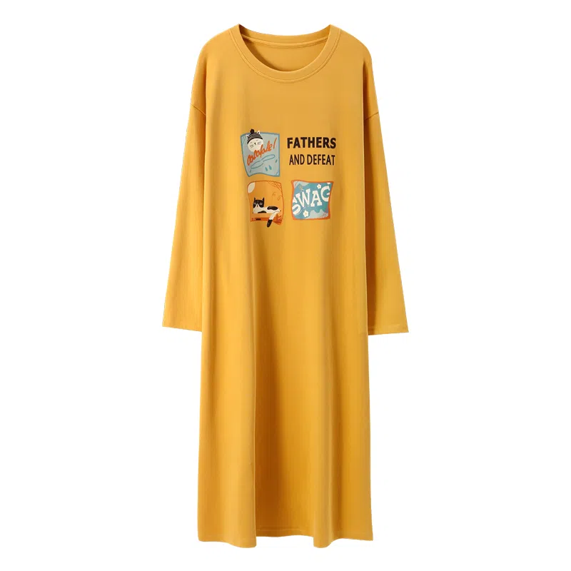 莫代尔 亲肤舒适纯色印花满印长袖居家休闲可外穿睡裙 女款 向日葵色