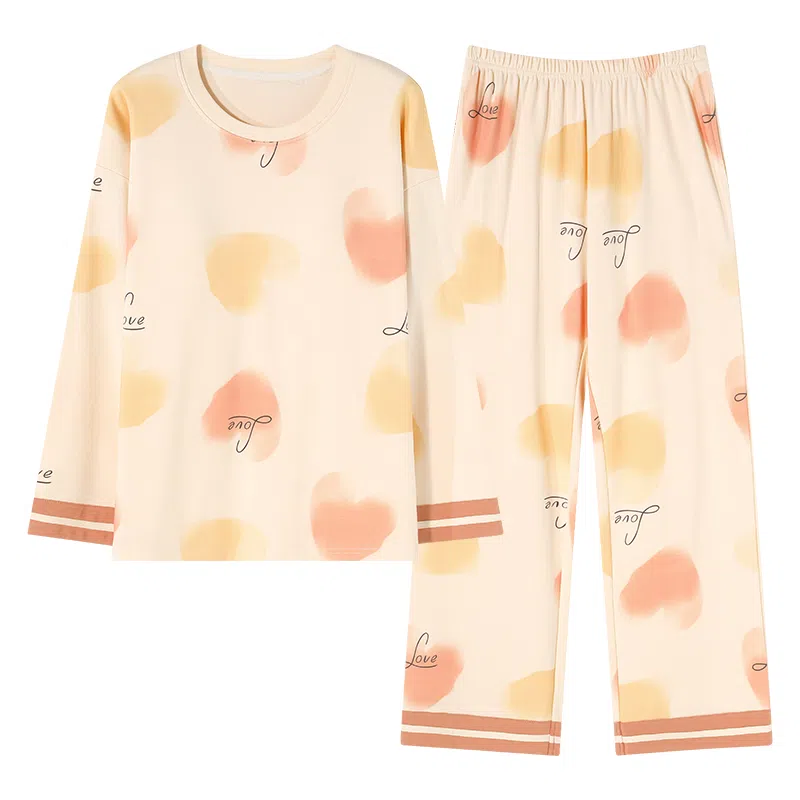 莫代尔 舒适柔软高透气亲肤长袖弹力裤腰不勒腹长裤可居家休闲外穿睡衣套装 女款 杏色