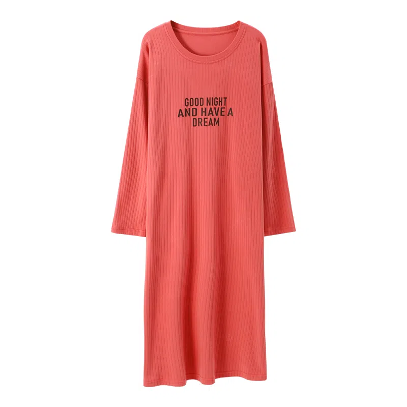 莫代尔 亲肤舒适纯色印花满印长袖居家休闲可外穿睡裙 女款 西瓜红