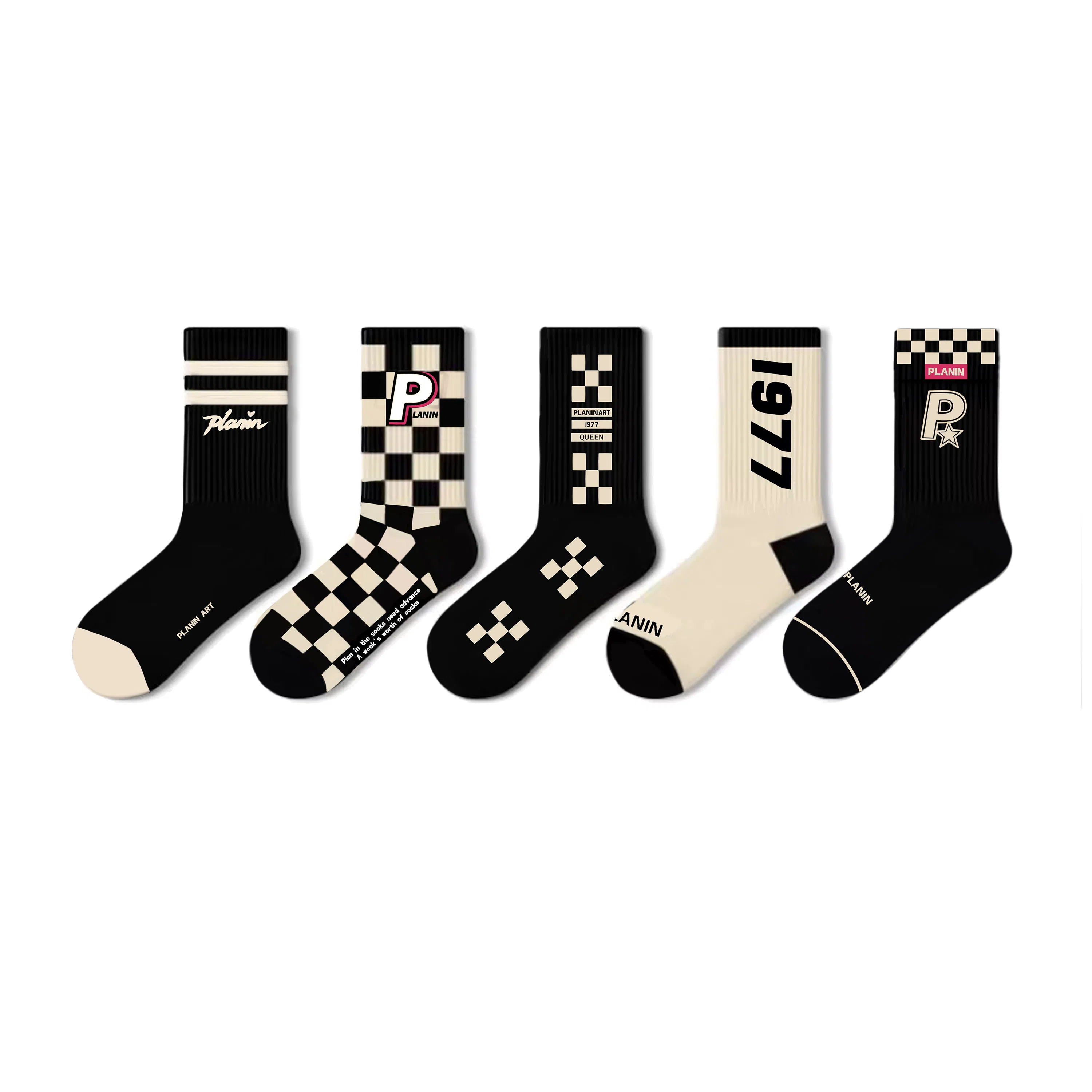PLAN IN Street Retro Socks Gift Box 5 Pairs Black White