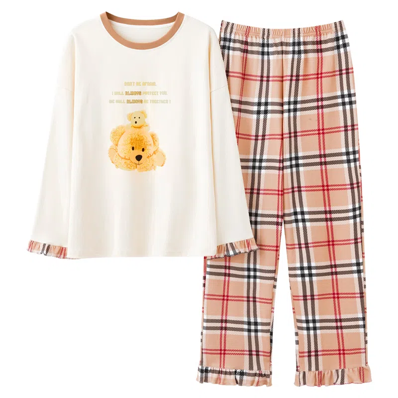 莫代尔 时尚卡通印花长袖格子长裤休闲居家学生家居服亲肤透气可外穿睡衣套装 女款 乳白色