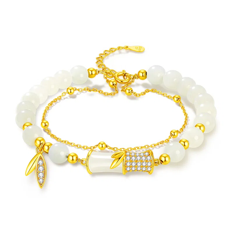 中国黄金 珍·尚银 新中式国潮  竹节节节高升 轻奢小众设计 有你竹够 和田玉 手链 女款 青玉 礼盒