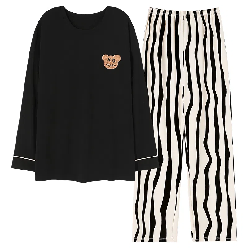 莫代尔 纯色小熊印花时尚宽松纯棉舒适亲肤套头长袖松紧带长裤居家休闲可外穿睡衣套装 男款 黑色