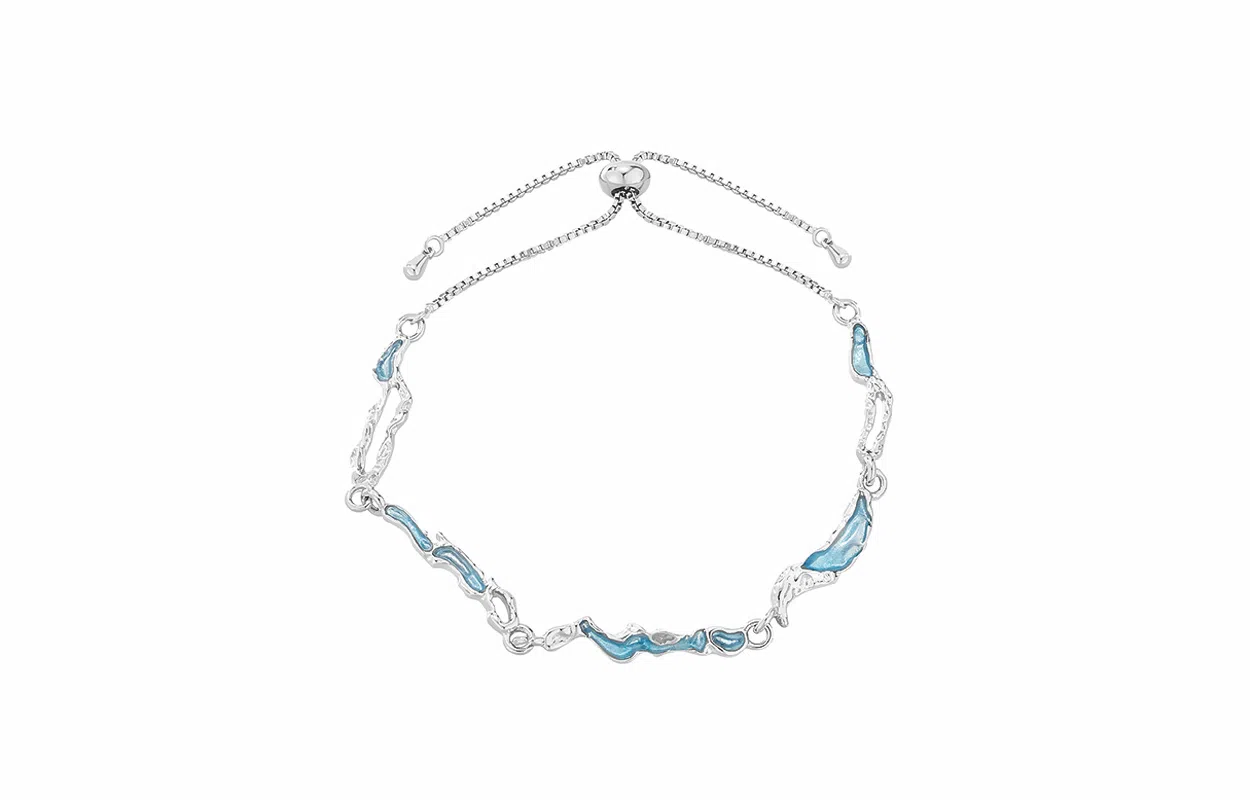 牧言  中性冷淡风简约小众设计高级感 熔岩几何线条不规则蓝色海浪可抽拉手饰 合金 海洋之心手链 男女同款情侣款