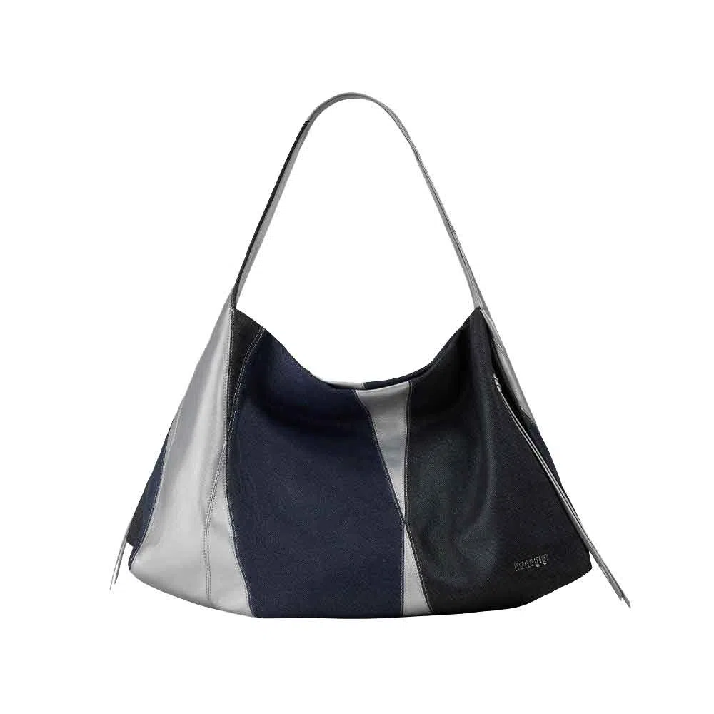 古良吉吉 小众设计师款拼色女包 牛皮 风筝托特包 大容量 女款 牛仔银