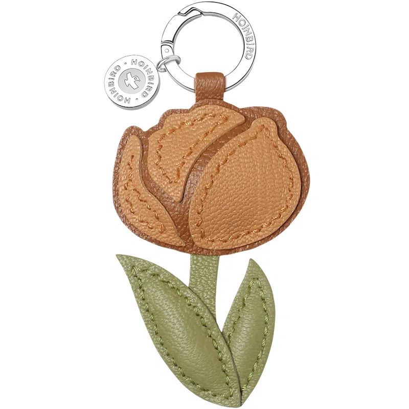 后鸟 原创趣味设计郁金香可爱手工真皮小众优雅新中式高级感轻奢玩偶玩具汽车吊饰品 羊皮 钥匙扣包包挂件 男女同款情侣款 焦糖色