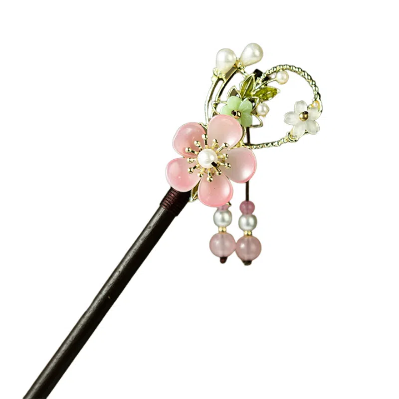 妖娆猫 国潮少女甜美桃花手工复古簪子 高级感头饰现代简约汉服旗袍配饰发钗古风步摇流苏木质 发簪 女款